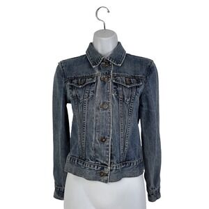 Gap Women XS Blue Jean Denim Jacket Breast Pockets Long Sleeve Distressed Casual